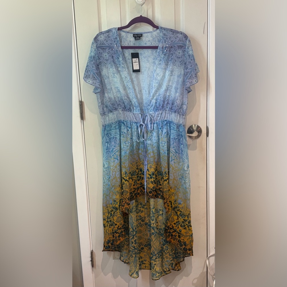 City Chic Blue and Yellow Floral Kimono Duster